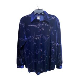 Caribou New York Blue Velvet Glitter Botanical Button-Up Shirt M